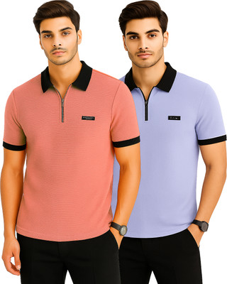 R ROCKIN TEES Solid Men Zip Neck Multicolor T-Shirt