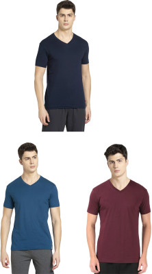 JOCKEY Solid Men V Neck Dark Blue, Blue, Maroon T-Shirt