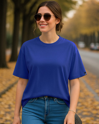 BEWAKOOF Solid Women Round Neck Blue T-Shirt