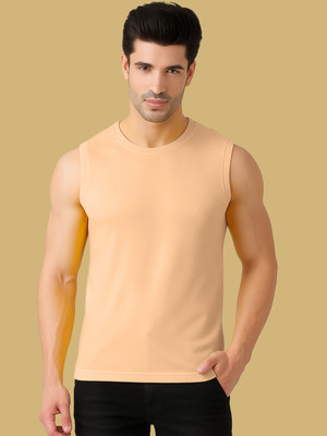 FBAR Solid Men Round Neck Beige T-Shirt