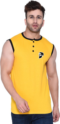 BEYOU FASHION Self Design Men Henley Neck Yellow T-Shirt