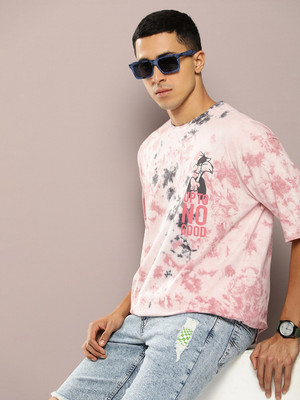 Kook N Keech Printed, Tie & Dye, Typography Men Round Neck Pink T-Shirt
