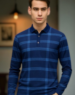 Teezler Checkered Men Polo Neck Navy Blue T-Shirt