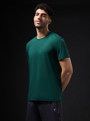 TECHNOSPORT Solid Men Crew Neck Green T-Shirt