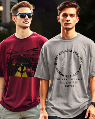 ENITOR Typography, Animal Print Men Round Neck Maroon, Grey T-Shirt