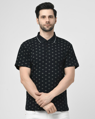 SMASH SMART WEAR Printed Men Polo Neck Navy Blue T-Shirt