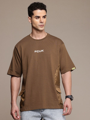 FCUK Solid Men Round Neck Brown T-Shirt