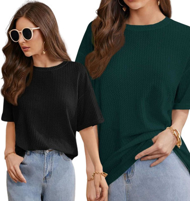 WAY TO TRENDY Solid Women Round Neck Green T-Shirt
