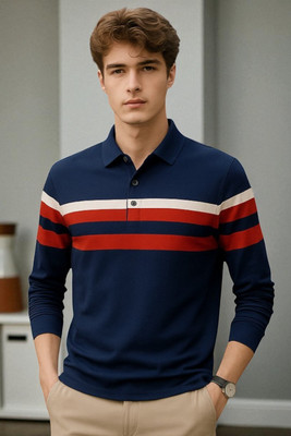 FAOES Striped Men Polo Neck Navy Blue, Red T-Shirt