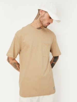 MAX Solid Men Round Neck Beige T-Shirt