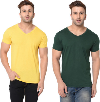 Tresna Trendy Solid Men V Neck Dark Green, Yellow T-Shirt