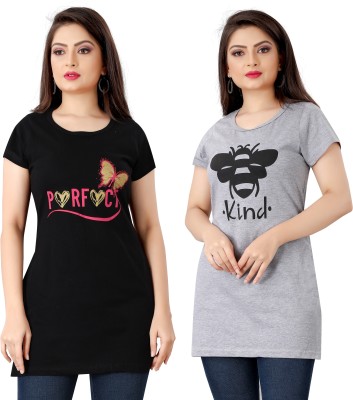 vfesta Printed Women Round Neck Black, Grey T-Shirt