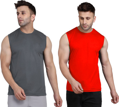 UDI n ADI Solid Men Round Neck Grey, Red T-Shirt