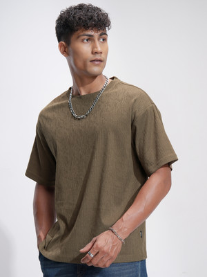 HIGHLANDER Self Design Men Round Neck Brown T-Shirt