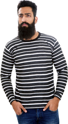 SPOWEARY Striped Men Round Neck Black T-Shirt