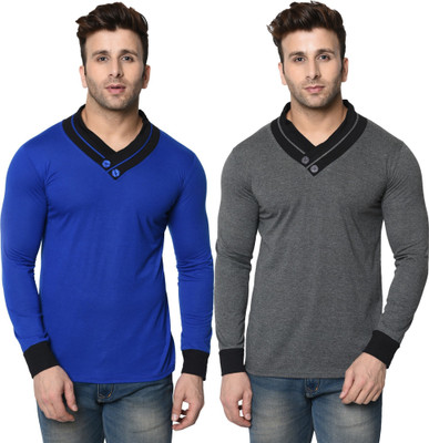 Adorbs Trend Colorblock Men Shawl Neck Blue, Grey T-Shirt