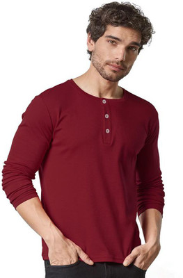 LazyChunks Solid Men Henley Neck Maroon T-Shirt