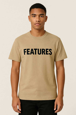 Features Solid Men Round Neck Beige T-Shirt