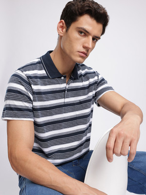 RISS CLOTHING Striped Men Polo Neck Navy Blue T-Shirt