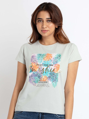 Status Quo Printed, Typography Women Round Neck Grey T-Shirt