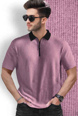 HOODLER Self Design Men Polo Neck Pink T-Shirt