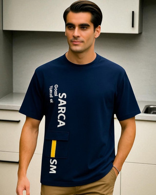 Teezler Typography Men Round Neck Navy Blue T-Shirt