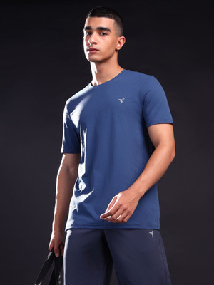 TECHNOSPORT Solid Men Crew Neck Navy Blue T-Shirt