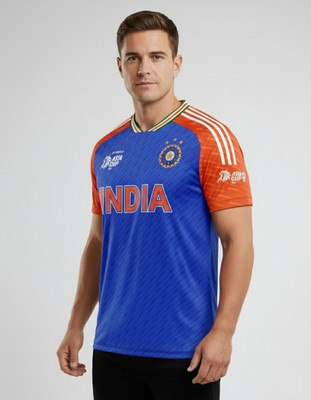 emu sports Solid, Printed Men V Neck Blue, Orange T-Shirt