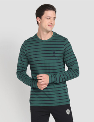 U.S. POLO ASSN. Striped Men Round Neck Dark Green, Black T-Shirt