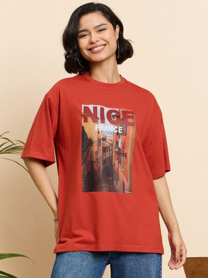 Mast & Harbour Printed Women Round Neck Orange T-Shirt