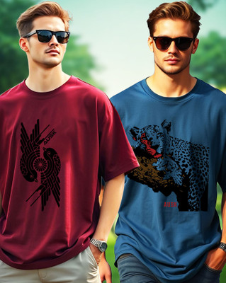 AUSK Printed Men Round Neck Maroon, Dark Blue T-Shirt