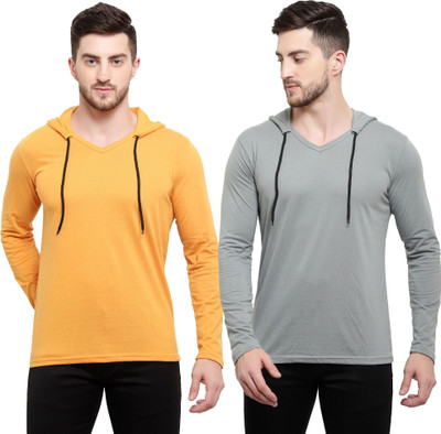 Adorbs Trend Solid Men Hooded Neck Grey, Yellow T-Shirt