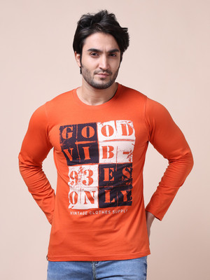BERRYBLUES Printed Men Round Neck Orange T-Shirt