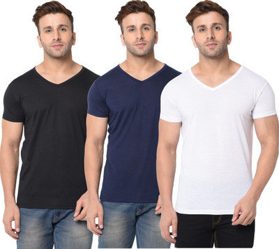 JB Jagoboy Solid Men V Neck White, Blue, Black T-Shirt