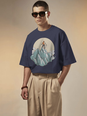 Senotex Graphic Print Men Round Neck Blue T-Shirt