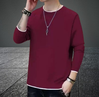 HouseOfCommon Solid Men Round Neck Maroon T-Shirt