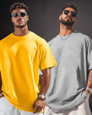 AUSK Solid Men Round Neck Yellow, Grey T-Shirt