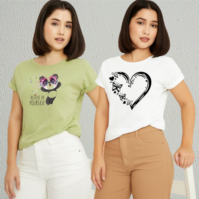 Lecowar Printed Women Round Neck Green, White T-Shirt