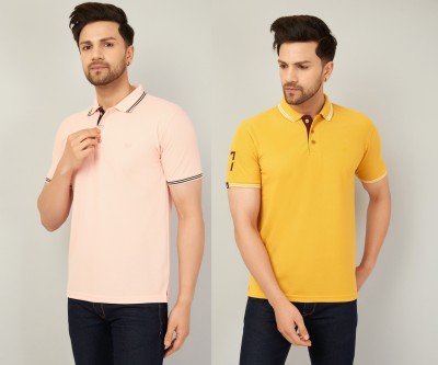We Perfect Solid Men Polo Neck Pink, Yellow T-Shirt