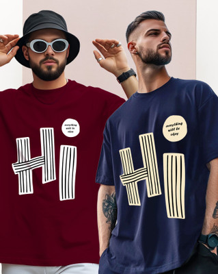 ENITOR Printed Men Round Neck Navy Blue, Maroon T-Shirt