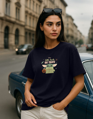 JUNEBERRY Printed, Typography Women Round Neck Navy Blue T-Shirt