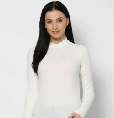 Emmy Word Solid Women High Neck White T-Shirt