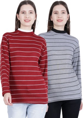 Divylu Striped Women Round Neck Silver, Maroon T-Shirt