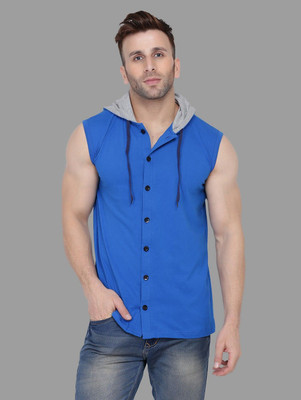 Money Leaf Solid Men Hooded Neck Blue T-Shirt