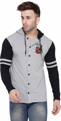 Money Leaf Solid Men Hooded Neck Grey, Black T-Shirt