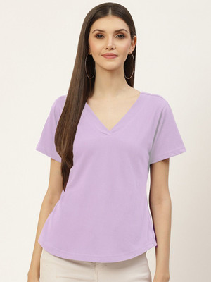 BRINNS Solid Women V Neck Purple T-Shirt