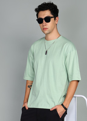 BEING WANTED Solid Men Round Neck Light Green T-Shirt