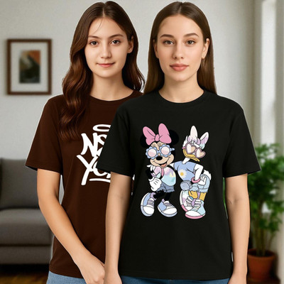 Elvia Graphic Print Women Round Neck Black, Brown T-Shirt