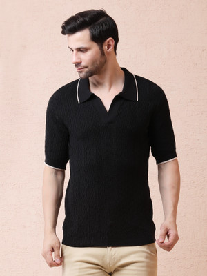 NOQUO Striped, Self Design Men Polo Neck Black T-Shirt