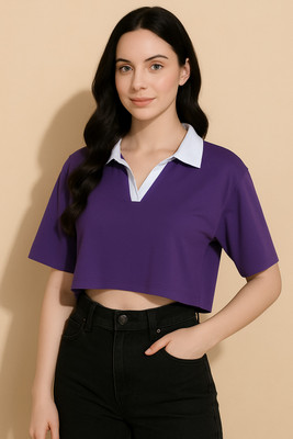 Adyavastram Solid Women Polo Neck Multicolor T-Shirt